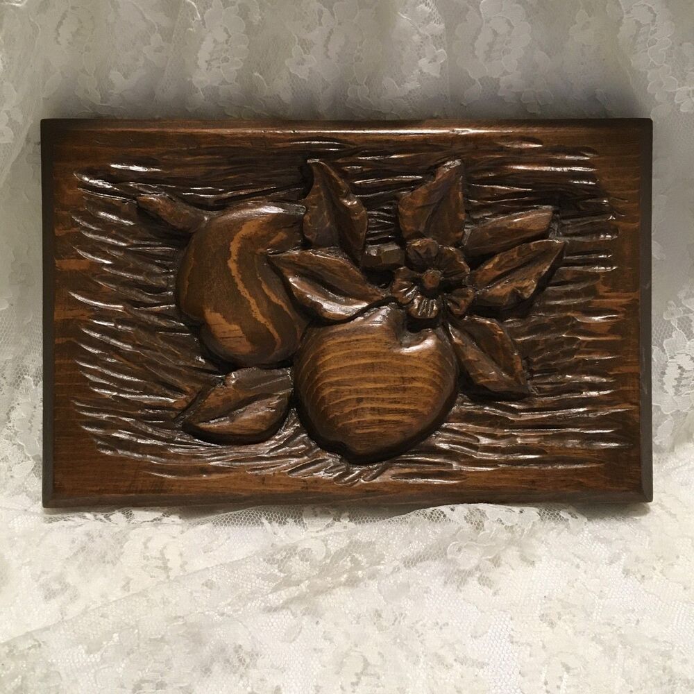 VTG MCM Hand-Carved Wood Relief Plaque Fruit Floral Scene Folk Primitive